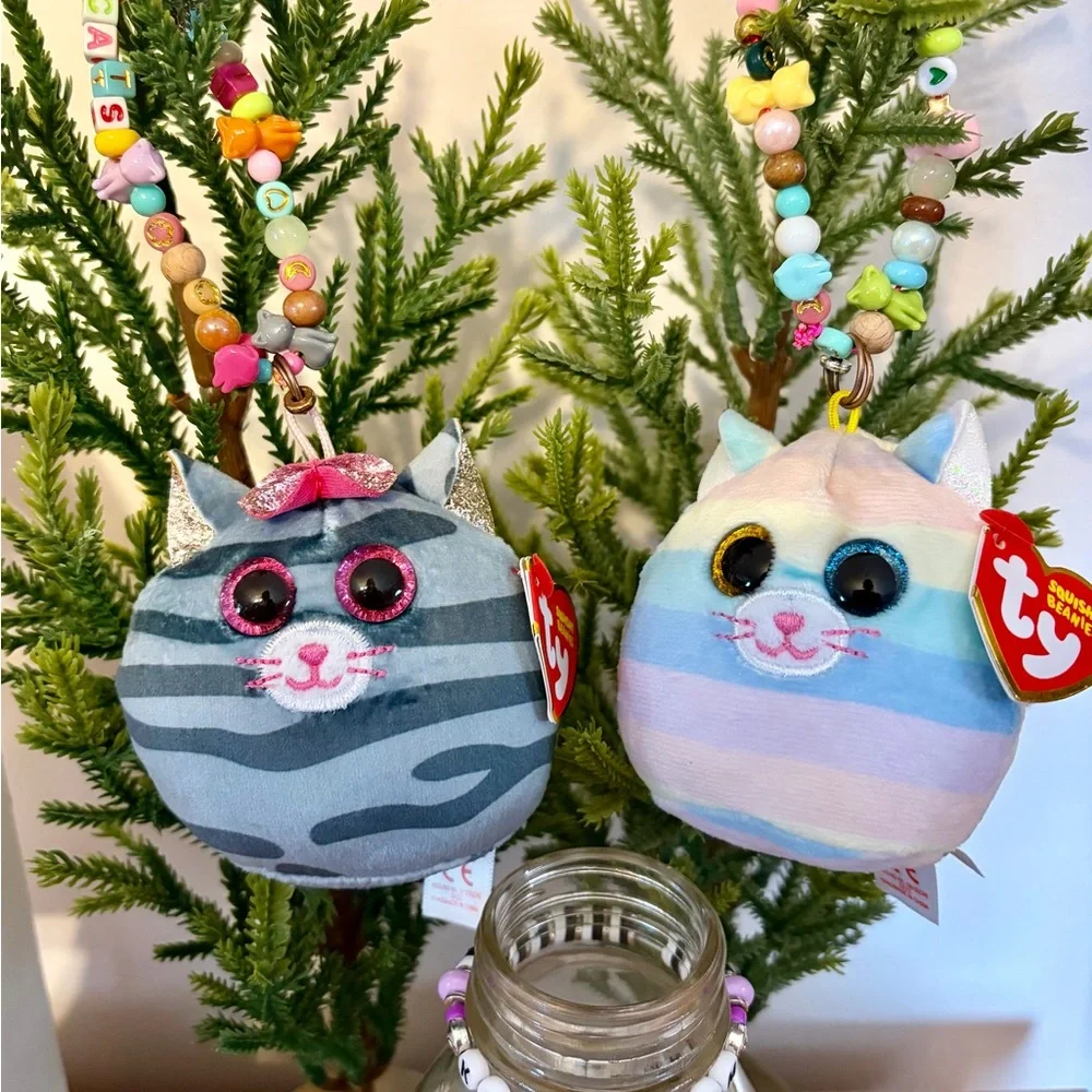 Ty Squishy Beanies 3in Cats Made Into Kitschy Ornaments Heather & Kiki +Bracelet